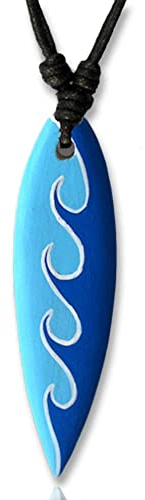 viva-adorno Halskette Surfbrett Holzanhänger Baumwollband Surfer Kette Länge verstellbar HK30, D9 Wellen Blau/Hellblau