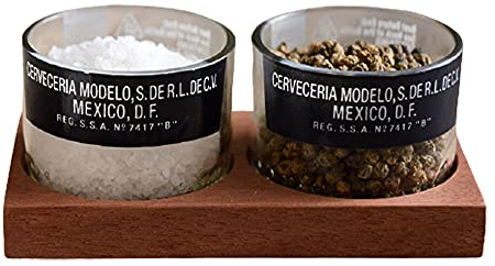Eco-friendly Salt and Pepper Pinch pots, salt cellar, salt pig, handmade from Sapele hardwood and upcycled Mexican Corona beer bottles. Also great as dipping sauce or condiment pots.