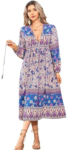 R.Vivimos Donne Eleganti Casual Bohemian Print Neck Tie Maniche Lunghe Abito da Spiaggia Lungo Midi Vestito Vacanze(M,Viola)