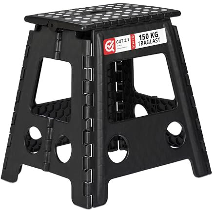 relaxdays Sgabello Pieghevole XL, Trasportabile, da Bagno o Campeggio, Fino a 150 kg, Altezza di 39 cm, Nero