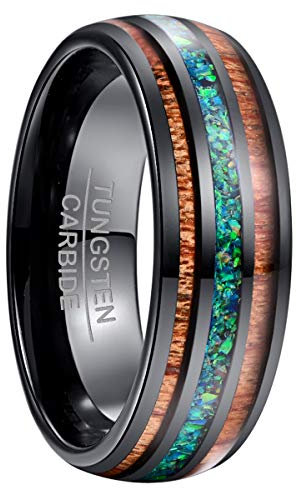 NUNCAD Mode Ringe für Herren/Damen wolframcarbid Ring Breit 8 mm mit Blaugrün Opal und Koaholz zum Mosaik schwarz als Freundschaftsring Verlobungsring Ehering Jahrestagring