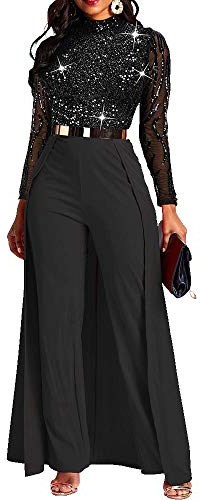 VERWIN Damen-Overall, Patchwork-Overlay, Pailletten, verziert, hohe Taille, Langarm, Schwarz, Medium