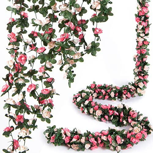 PONKING Flower Garland 8 Pcs x 8.2 ft Artificial Rose Vine Flowers with Green Leaves Hanging Fake Roses Vine for Room Party Home Wedding Birthday Christmas Wall Arch Decor, Spring Pink Flower