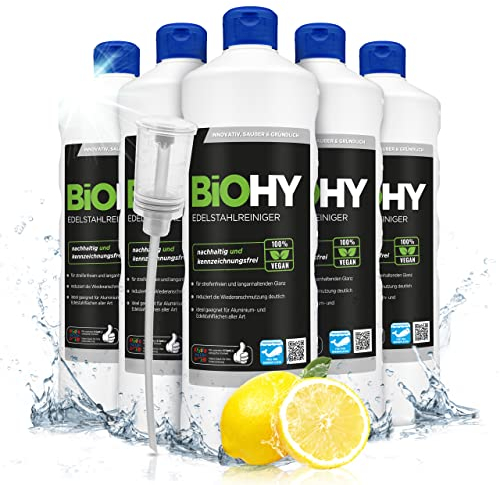 BiOHY Edelstahlreiniger (6 x 1 Liter) + Dosierer | Edelstahlpflege für streifenfreien Glanz | ideal für Küche, Töpfe oder Grill | Edelstahl reinigen in Gastronomie & Haushalt | pflegendes Putzmittel