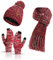 3-teiliges Winter-Mütze, Schal, Handschuhe, Set für Damen und Herren, Strickfleece, Touchscreen-Handschuhe, Beanie-Mütze, Skimütze, rot, Einheitsgröße