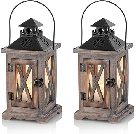 Sziqiqi Laterne Kerzenhalter Vintage Windlicht Laterne Holz Metall Dekorative Windlichthalter für Draußen Rustikale Hochzeit Herzstück Hängende Laterne Bauernhaus Innen Außenlaterne Dekor 28cm