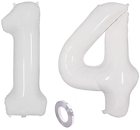 Weiß Luftballons Zahl 14. Geburtstag deko Mädchen Junge,Zahlen Ballon 14 Geburtstag deko, 40 Zoll Weiß Heliumballon 14 jahre Geburtstagsdeko Mädchen Junge Aufblasbar Helium Folienballon 14 Weiß(14)