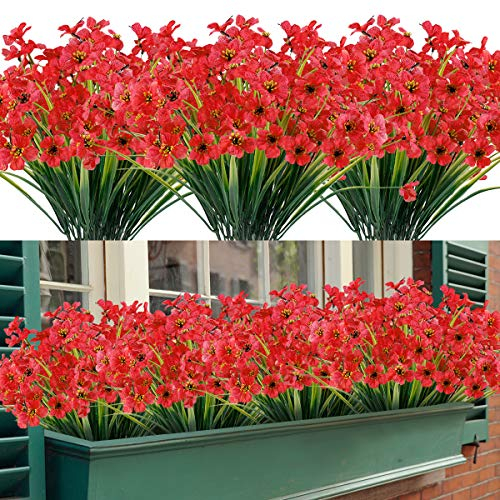 Künstliche Blumen 16 Bündel im Freien UV-beständig gefälschte Blumen kein Verblassen Faux Kunststoff Greenery Sträucher Garten Veranda Fenster Box dekorieren (Tiefrot)