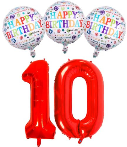 DIWULI Geburtstagsdeko 10 Jahre Set - 10. Geburtstag Deko Rot, Happy Birthday Deko Luftballon 10 Geburtstag Folienballon Geburtstag Deko Zahl 10 Jahre Party-Deko Junge Mädchen Zahlen-Ballon Dekoration