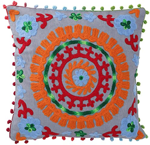 GURU SHOP Boho Kissenhülle, Farbenfrohes Besticktes Folklore Kissen im Mexikanischem Style - Taubenblau/rost, Baumwolle, 40x40 cm