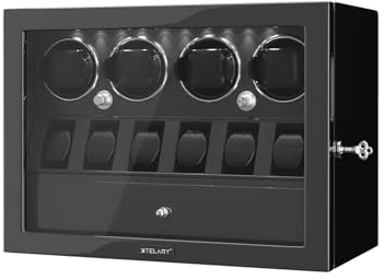 XTELARY Automatische Uhrenbeweger 4 Uhren mit 6 flexiblem Uhrenaufbewahrungsraum und Schublade für Schmuck Uhrenbeweger mit LED-Beleuchtung und Leise Mabuchi-Motoren für Damen & Herren Automatikuhren