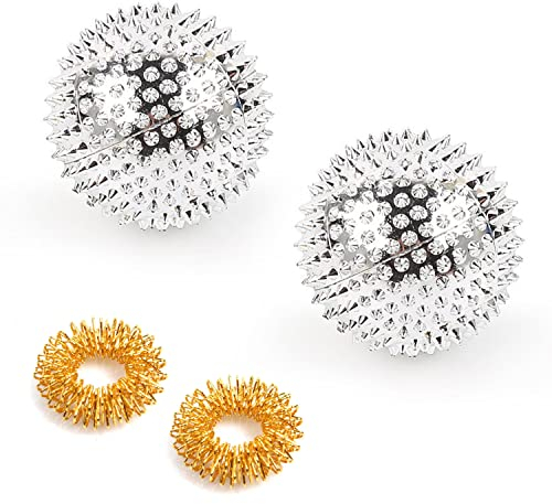 2 Stücke Magnetic Acupressure Balls mit 2 Stücke Massageringe, Handmassageball, ABS-Massageball, kleines Handmassagegerät, silberner Handmassageball, goldenes Mini-Fingermassagegerät.