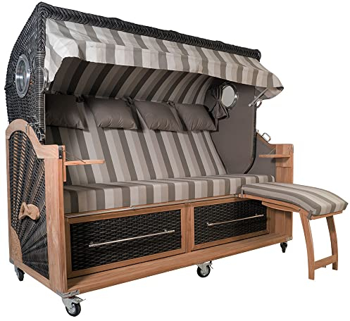 Familien Strandkorb Kampen 4-Sitzer Spezial Set 45 in Mocca Duo Polyrattan PE-Geflecht Teakholz Teak