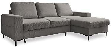 MIUFORM Ecksofa mit Schlaffunktion und Bettkasten | Lofty Lilly | Wohnladschaft Couch Schlafcouch Wohnzimmer Gästezimmer | Cord-Stoff Metallfüße (Hellgrau, Rechts ausgerichtet)