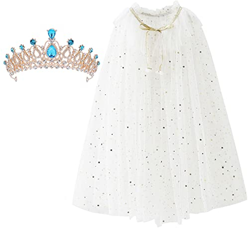 XEPST Kinder Umhang Prinzessin Cape mit Crown Tiara, Weiß Umhang Tüll Glitzer Pailletten Cape Halloween Karneval Kostüm Prinzessin Cosplay Party Kostüm für Mädchen