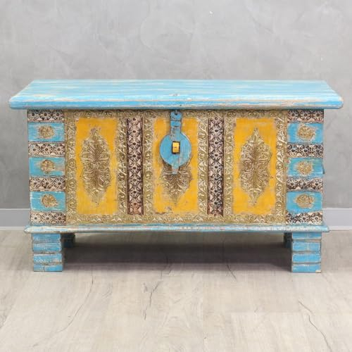 Oriental Galerie Shabby Chic Holztruhe mit Messingbeschlag Schatztruhe Truhe Kiste Box Holz Indien Massiv Antik-Optik Türkis Gelb 80cm
