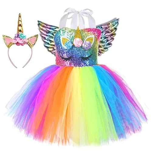 Rabtero Costume de Licorne pour enfants, robe de fantaisie princesse Licorne pour enfants, Le Rainbow Licorne Ballet Tutu fille bandeau et ailes robe 6-7 ans