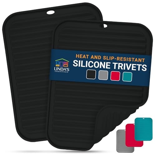 Silicone Trivets for Hot Pans and Pots (2 Pack) - Multipurpose Silicone Heat Resistant Mat and Pot Holder Trivet (30 x 23cm) - Heatproof Mats for Kitchen by Linda's Essentials (Black)