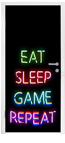MuchoWow© Türverkleidung Türdeko Tapete Selbstklebend Tür Tattoo Gaming - Zitate - Eat sleep game wiederholen - 80x215 cm