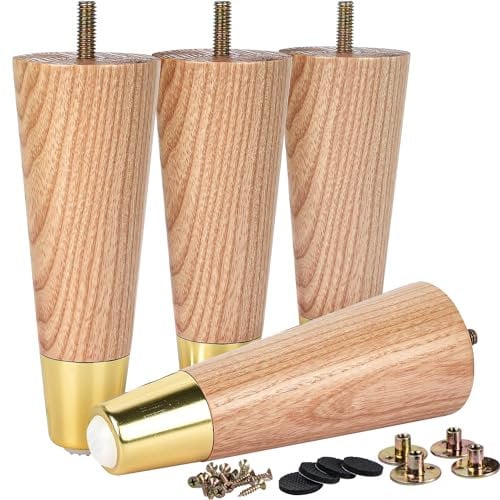 4 inch Ash Wood Furniture Legs with Gold Caps, LAVANE Set of 4 Mid-Century Modern Tapered Varished Wooden Replacement Feet with Pre-Drilled M8 Bolt & Mounting Plate for Sofa Couch Bed Armchair Ottoman