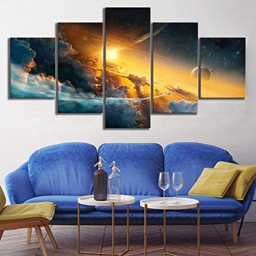 5 Teilige Leinwandbilder Universum Sternenhimmel Erde Kunstdrucke 5 Teilig Vlies Leinwandbild,Wandkunst 5 Stück Leinwand Bilder,Wohnzimmer Schlafzimmer Wand Dekoration, Mit Rahmen 100 X 50 Cm