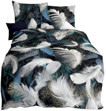 JACK by Kaeppel Mako Satin Digitaldruck Bettwäsche 2 TLG. Federn Feathers Anthrazit Weiß Petrol Gold, Größe:135x200cm Bettwäsche