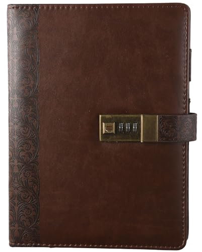 okhobby Journal with Lock, Brown Large Refillable Lock Diary 6 Ring Binder Notebook with Lock for Women,200 Pages