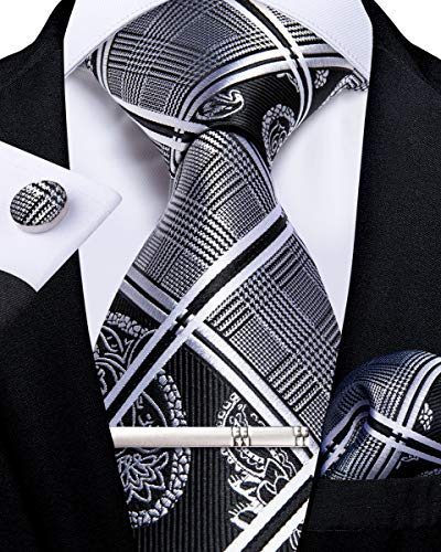 DiBanGu Schwarz Paisley Krawatte für Herren Seide Schwarz und Weiß Krawatte und Einstecktuch Krawattenklammer mit Manschettenknöpfen für Hochzeit