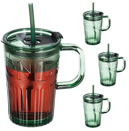 Relaxdays Set di 4 Bicchiere con Cannuccia e Coperchio, Set da 4 Tazze per Smoothie da 450 ml, in Vetro, Mug con Manico, Verde, 13 x 13 x 8.5 cm