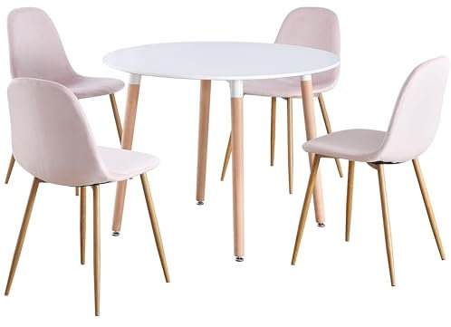 Charles Jacobs Circular 4 Seat Round Dinner Table and Chair Scandi Kitchen Dining Room Set - White Table & Pink Velvet Chairs