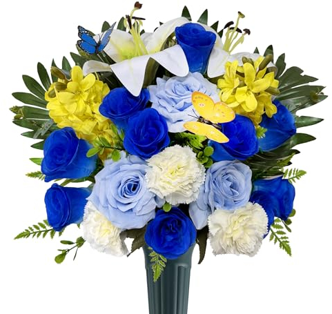 Saxili Künstliche Friedhofsblumen mit Vase für Grabdekoration, Grabsteine, Gedenkblumen, Blumenstrauß, blaue Rose, weiße Lilie, Nelke, gelbe Hyazinthe