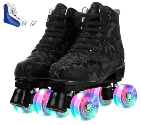 XUDREZ Roller Skates Women Men High-Top Light Up Roller Derby Skates Double Row Roller Skates Unisex Boys Girls for Beginner Indoor Outdoor with Shoes Bag (Black camouflage flash wheel, 38)