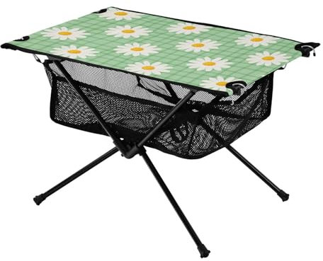 FRODOTGV Gänseblümchen-Muster auf handgezeichnetem grün-weißem faltbarem Outdoor-Tisch, langlebig, strapazierfähig, Strand-Getränketisch mit Aufbewahrungstasche, Strand, faltbarer Tisch für Grill,