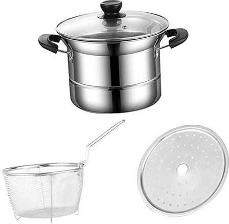 ANSNOW 1 Set Stainless Steel Pots Stainless Steel Small Deep Frying Pot Pans Stainless Steel Small Soup Pot Stockpot Fryer Steamer Pot with Lid Colander Stock Pot Pasta Lo Mein