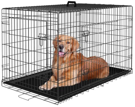 Faltbarer Hundekäfig mit 2 Türen, herausnehmbares Tablett, 122 x 75 x 81 cm, Transportkäfig für Hunde, Kaninchen, Welpen und Haustiere, aus Metall, Schwarz