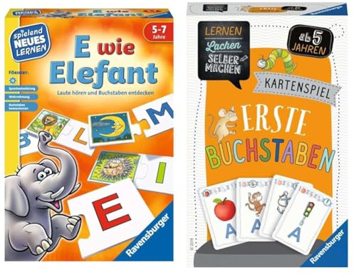 Ravensburger 24951 - E wie Elefant - Spielen und Lernen für Kinder & 80659 - Lernen Lachen Selbermachen: Erste Buchstaben, Kinderspiel ab 5 Jahren, Lernspiel für 2-4 Spieler, Kartenspiel