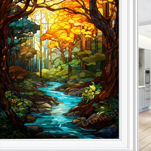 Moderne Wald-Fenster-Sichtschutzfolie, schöne Bäume, Fluss, Fantasie-Landschaft, Buntglas-Fensterfolie, dekorative Fensterfolie für Fenster und Glastür, Sonnenblockierung, 45 x 60 cm