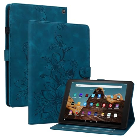 SLLMYYX Schutzhülle für Kindle Fire HD 10 (13. Generation, Version 2023), Lilien-Blumenmuster, PU-Leder, mehrere Betrachtungswinkel, Ständer, schlanke Folio-Hülle, Blau