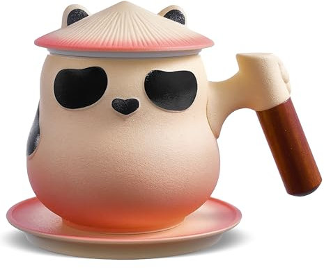ZENS Tea Mug with Infuser and Lid, 330 ML Cute Panda Tea Cup with Strainers for Loose Leaf Tea Diffusers, Wood Handle Ceramic Tea Infuer Mug for Brewing Tea Lovers Gifts, Collector's Mug for Daughter