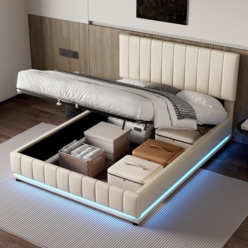 4FT6 Double Bed Ottoman Bed with Hydraulic Storage, LED Lighting, Adjustable Channel Tufted Headboard, Upholstered Bed PU Leather bed, For adults & teenagers, Beige,PU, 135x190 cm