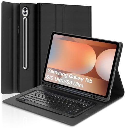 WAVATA Funda Teclado para Samsung Galaxy Tab S10 Ultra 14.6'' 2024, Teclado Español Ñ para Samsung Galaxy S9 Ultra, Teclado para Tab S10 Ultra/ S9 Ultra, Teclado Bluetooth Desmontable S10 Ultra, Negro