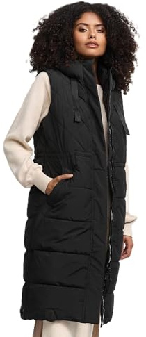 MARIKOO Damen Winterweste (XS-3XL) - Steppweste, lang, teils mit Magnetverschluss, verstellbare Kapuze, Warme Weste Frauen - N018 (L, Schwarz)