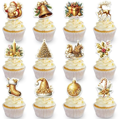 DazzJoy 12 Stk Weihnachten Cupcake Topper, Gold Tortendeko, Weihnachtsmann Kuchen Deko, Torten Deko, Weihnachtsrentier für Kuchen, Weihnachtsmütze