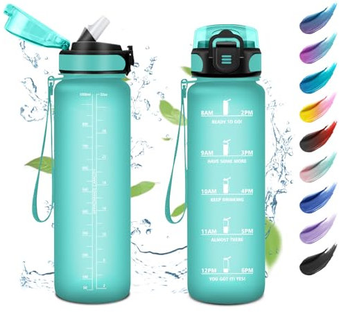 Botella Agua 1 Litro, Botella Agua con Marcador de Tiempo, Reutilizable, Cantimplora Motivadora y Prueba de Fugas, para Escuela, Senderismo, Gimnasio, Bicicleta, Oficina, Colegio, Guardería, Yoga