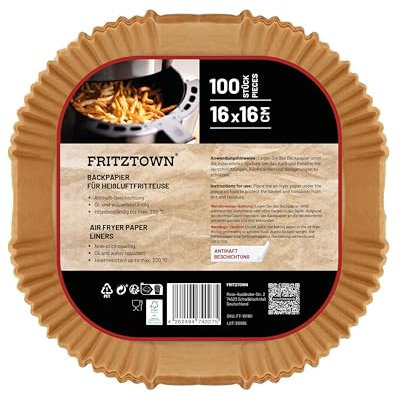 FRITZTOWN Air Fryer Papier – 100 Stück, 16x16 cm Quadratisch | Antihaft Backpapier für Heißluftfritteusen | Kompatibel mit Ninja COSORI Philips Cecotec Midea Russell Hobbs XL XXL Airfryer