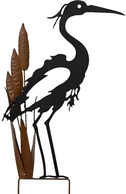 Dekofigur Reiher mit Rohrkolben 63,5cm Metall - Wetterfester Outdoor Gartenstecker für Teich und Beet - Metallstecker Tierfigur - Gartendeko Metallfigur Außenbereich - Schwarz Braun