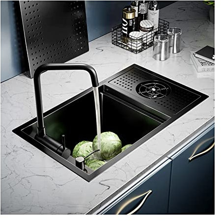 Schwarze Küchenspüle, Einbauküche, Außen-Barspüle mit verstecktem Einzelbecken, mit Waschbeckendeckel, Becher und Wasserhahn, leicht zu reinigende Oberfläche, für Restaurant, Küche, Hotel, Schwarz, 60