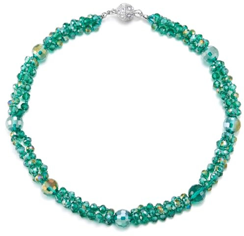 COOLSTEELANDBEYOND Grün Perlen Kristall Cluster Statement Halskette Geflochtene Kette Halsband Choker Halskette, Magnetverschluss
