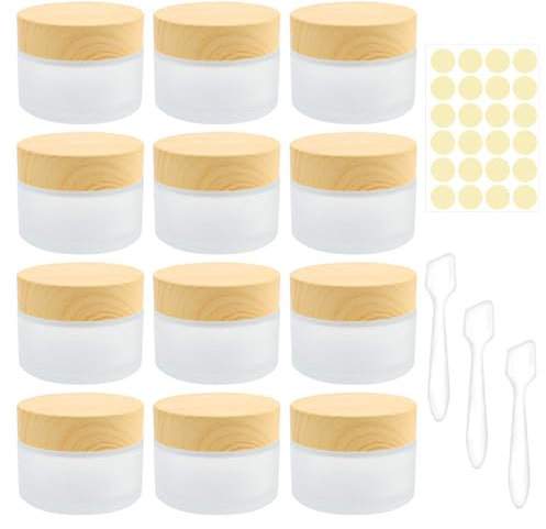 12 Stück 10ml Glastiegel Glas Döschen mit Holzmaserung Mattiert Glas Cremedosen Kleine Klarer Salbentiegel für Lotion Kosmetik Lippenbalsam Cremes Proben Reisebehälter