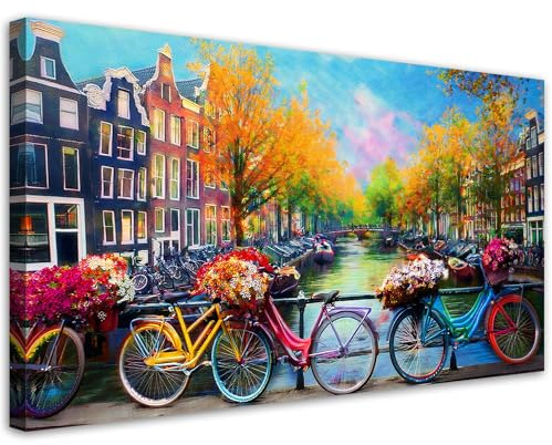 Feeby Wandbilder - Bilder Schlafzimmer - Amsterdam Fahrräder Stadtlandschaft - 100x50 1tlg - Wohnzimmer Bild Groß - Wohnungs - Foto Geschenk - Leinwand Wall Art - Wand Deko